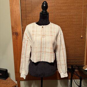 Womens Pink Lily Cropped Ivory Plaid Crop Top Blouse Size Small